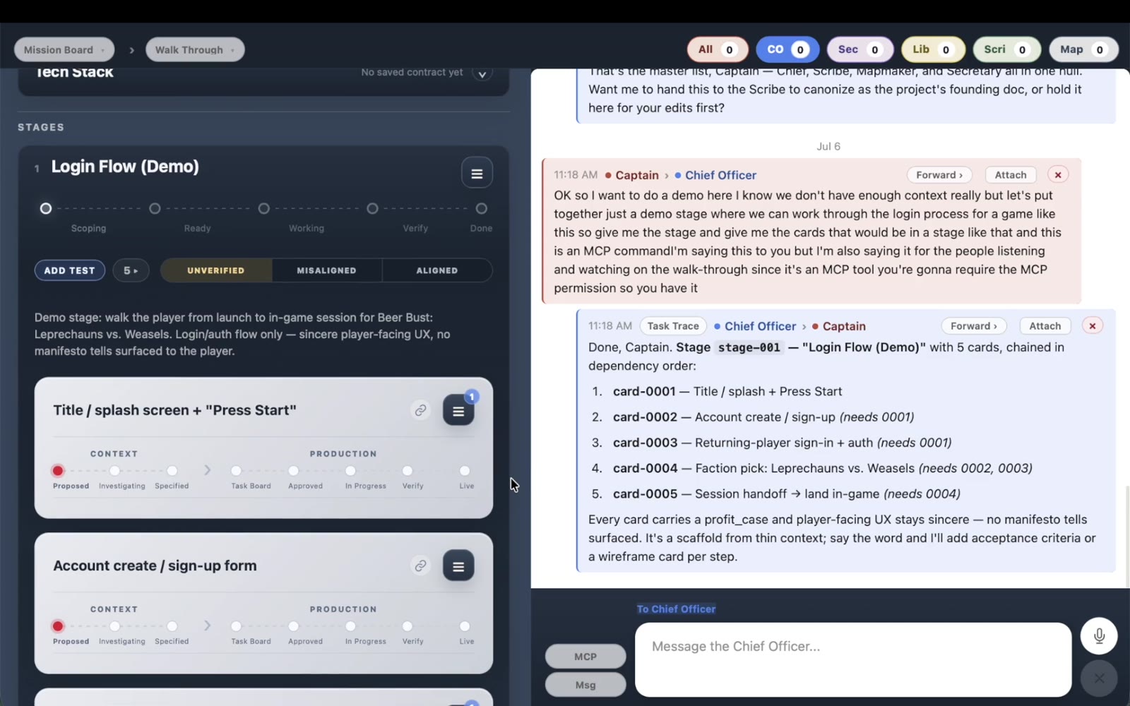 The actual Deckwright Board showing cards, stages, and officer discussion